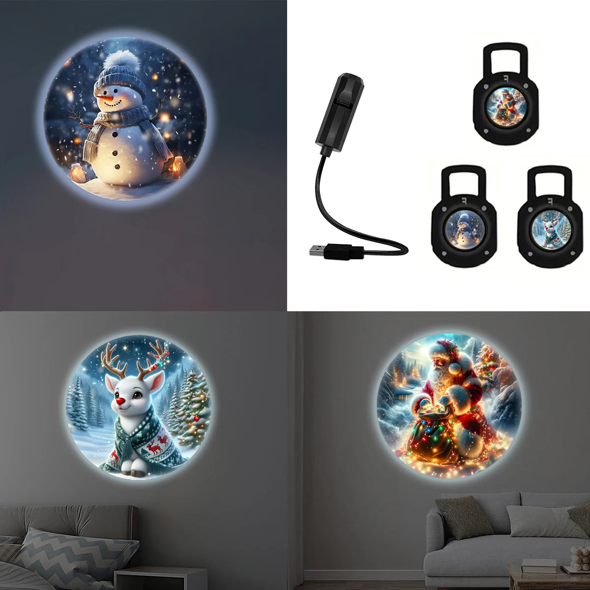 USB Christmas projection light, Christmas deer, Santa Claus, snowman, three light pieces can be switched, creative holiday gifts